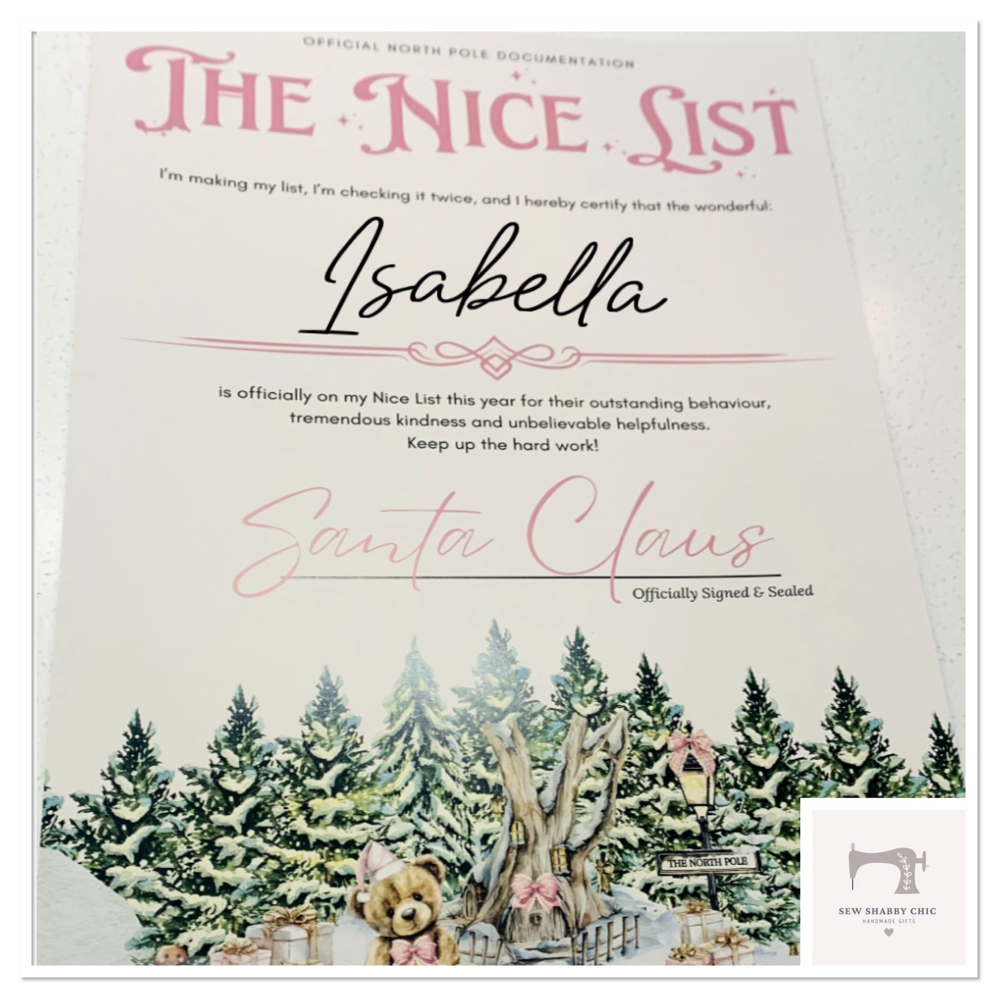 Personalised A4 Nice List Certificate - Santa Claus - Sew Shabby Chic