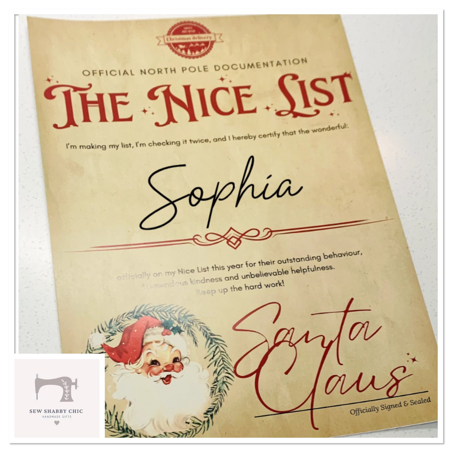 Personalised A4 Nice List Certificate - Santa Claus - Sew Shabby Chic