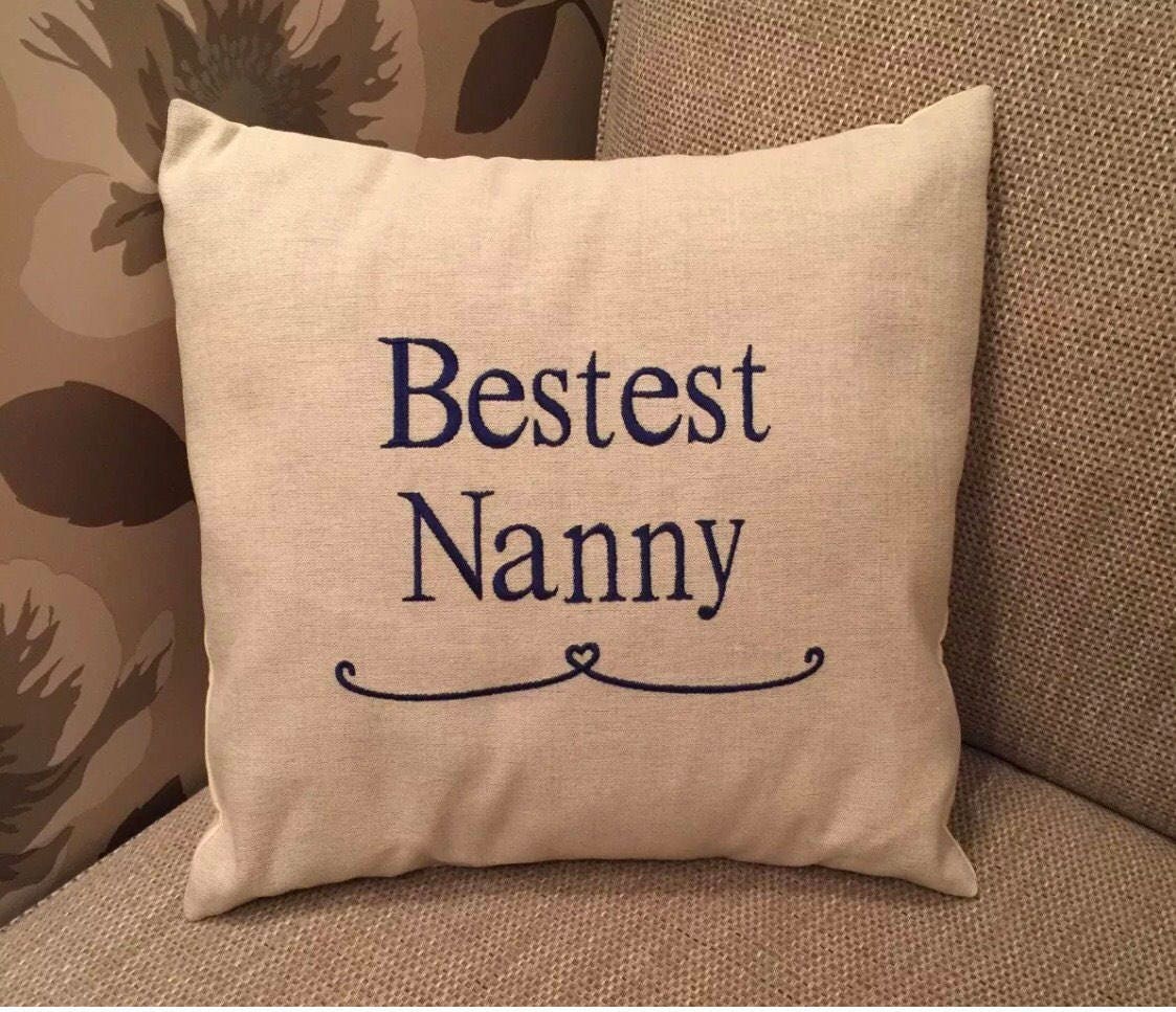 Natural Fabric Embroidered 16" Family Cushion Cover Bestest Nanny Mothers Day Birthday Gift - Sew Shabby Chic