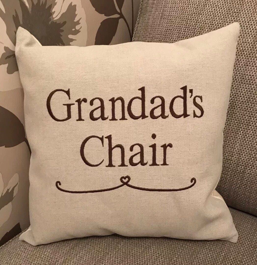 Natural Fabric Embroidered 16" Family Cushion Cover Grandad's Chair Dad Fathers Day Birthday Gift - Sew Shabby Chic
