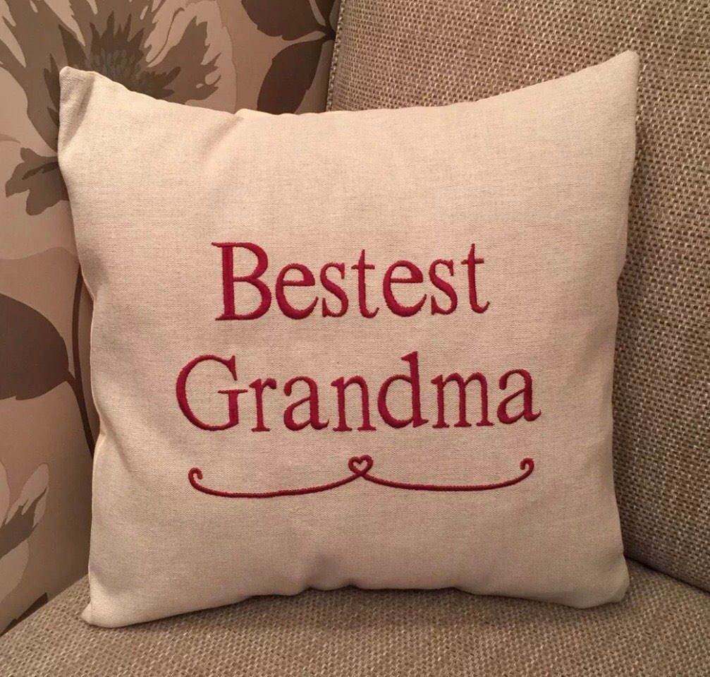 Natural Fabric Embroidered 16" Family Cushion Cover Bestest Grandma Mothers Day Birthday Gift - Sew Shabby Chic