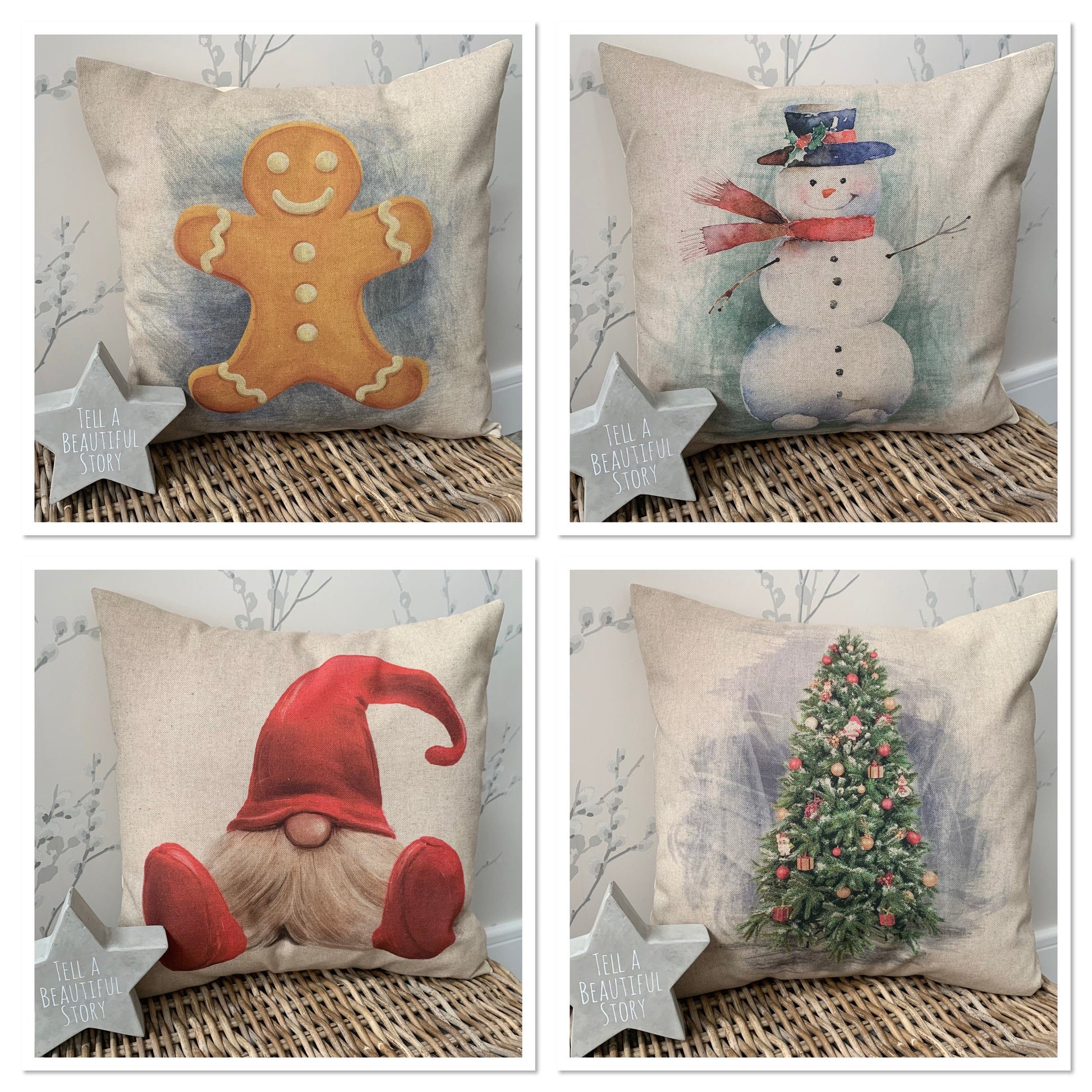 Chatham Glyn 16” Christmas Cushion Covers Country Cottage Linen Look Gingerbread Man, Snowman, Christmas Tree, Gonk - Sew Shabby Chic
