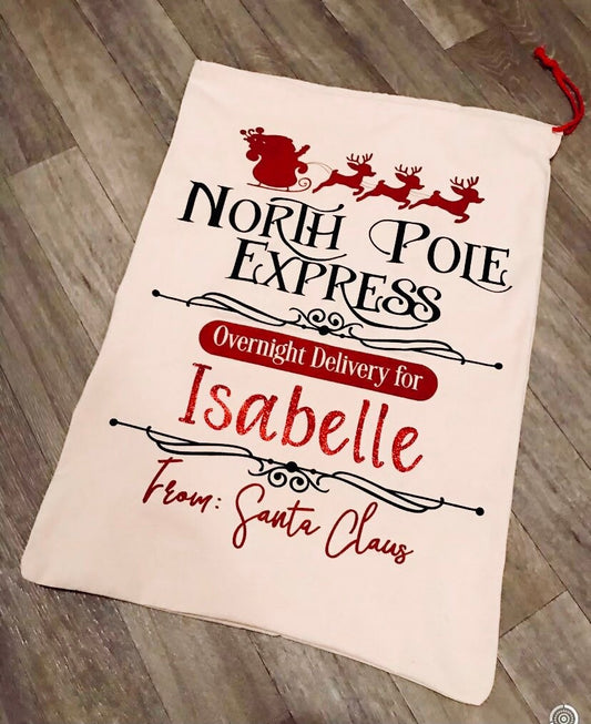 Large Personalised Cotton Christmas Sack Santa Sack Christmas Gift Eco Friendly North Pole Polar Express - Sew Shabby Chic