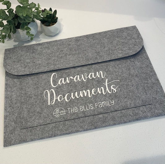 Grey Felt Caravan Motorhome Documents Wallet Personalised Gift Camping Laptop Maternity Pregnancy College Work Organisation - Sew Shabby Chic