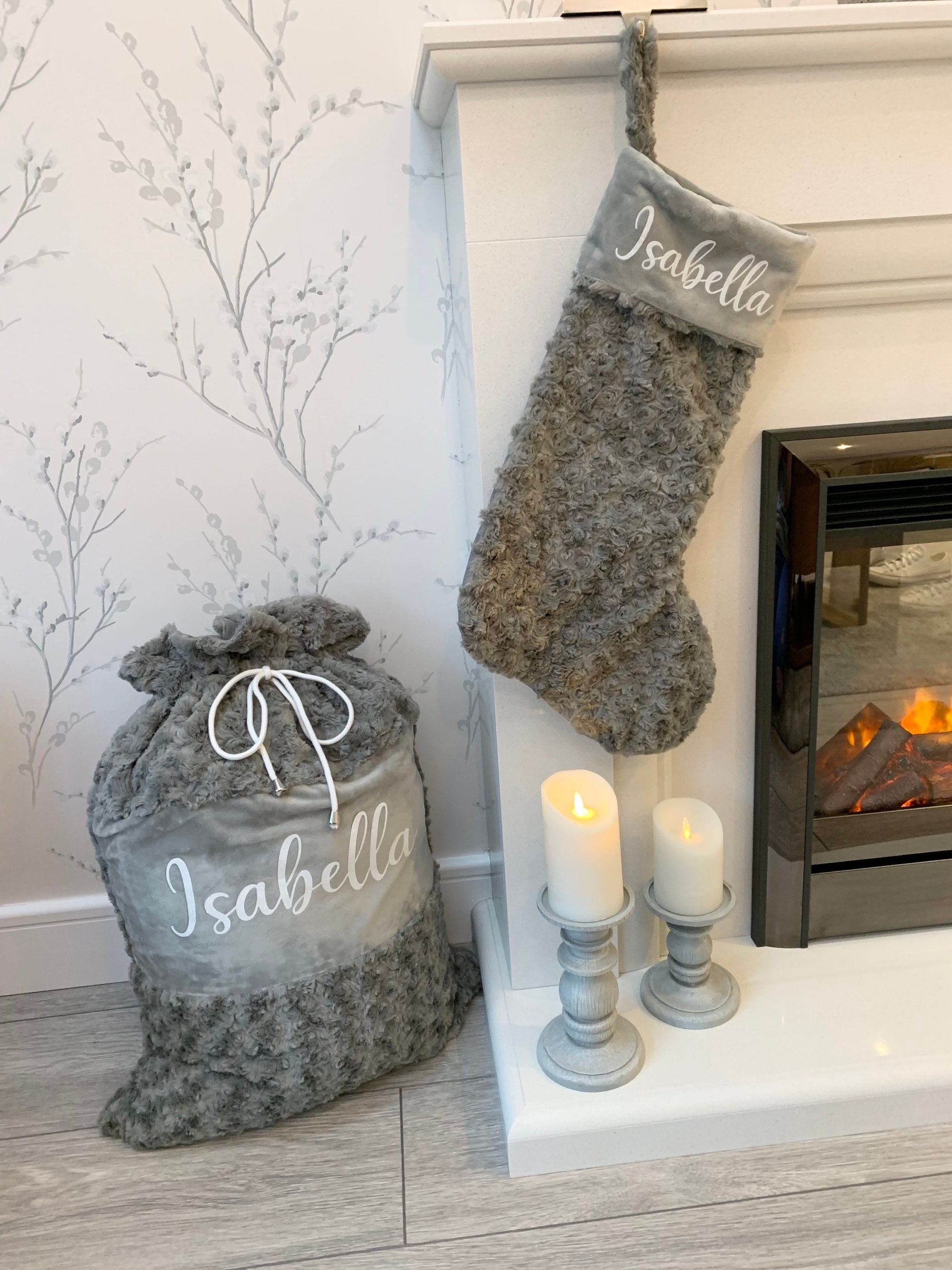 Luxury Plush Grey Soft Swirl Personalised Christmas Sack Santa Sack Christmas Stocking - Sew Shabby Chic