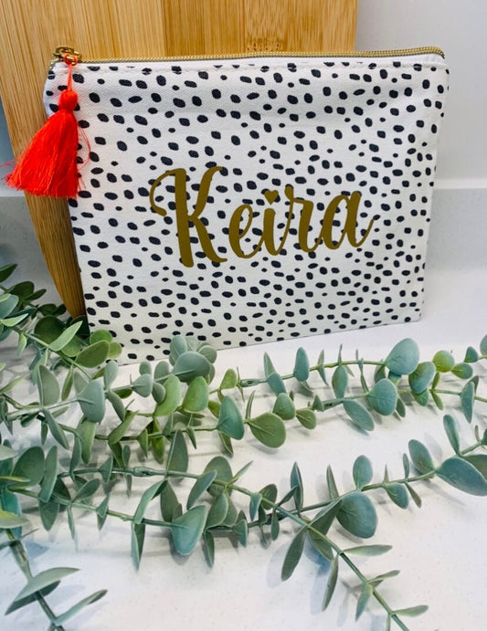 Personalised Monochrome Spotty Flat Cotton Make Up Bag Pencil Case Zip Pouch Teen Gift - Sew Shabby Chic