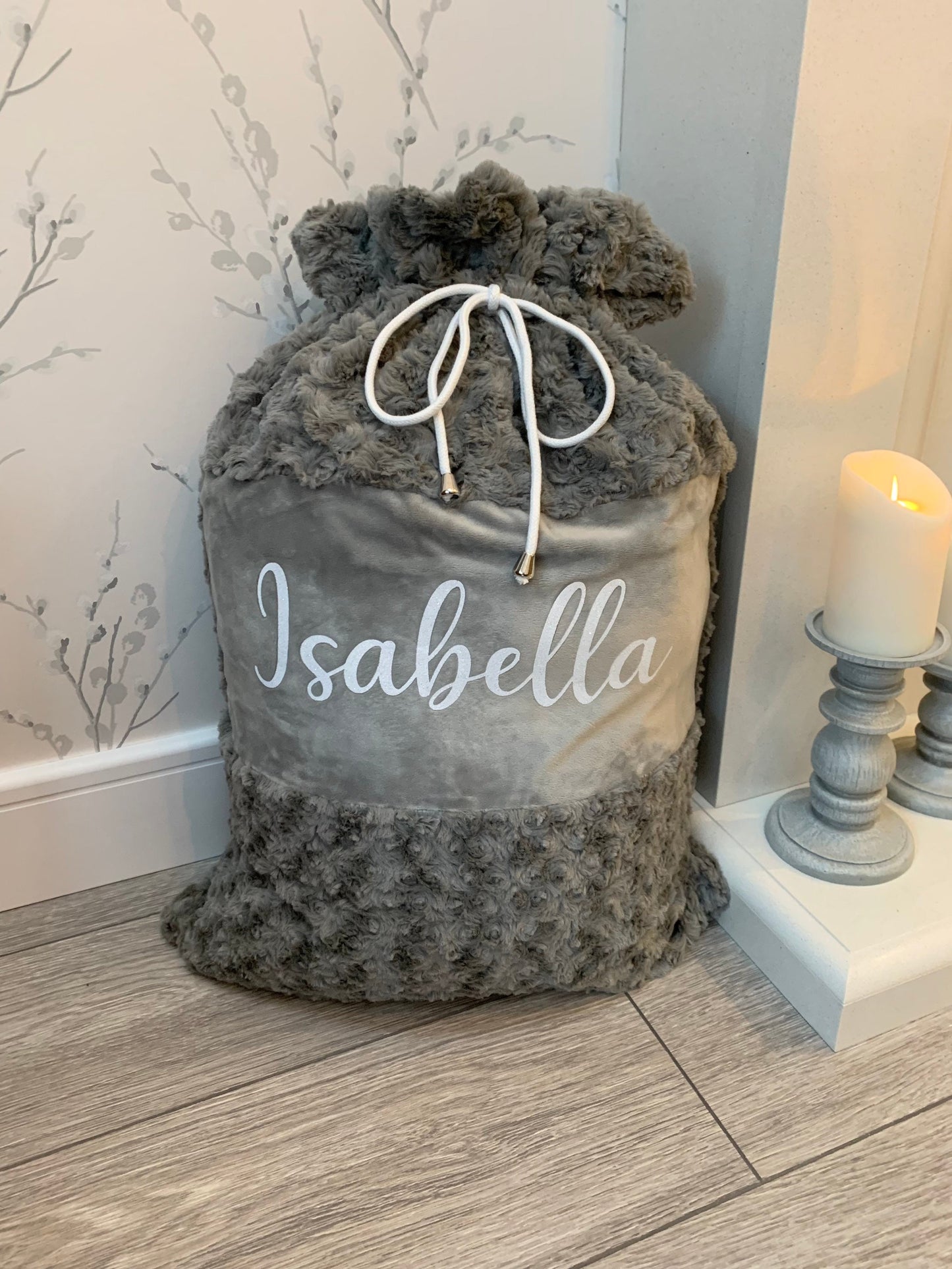Luxury Plush Grey Soft Swirl Personalised Christmas Sack Santa Sack Christmas Stocking - Sew Shabby Chic