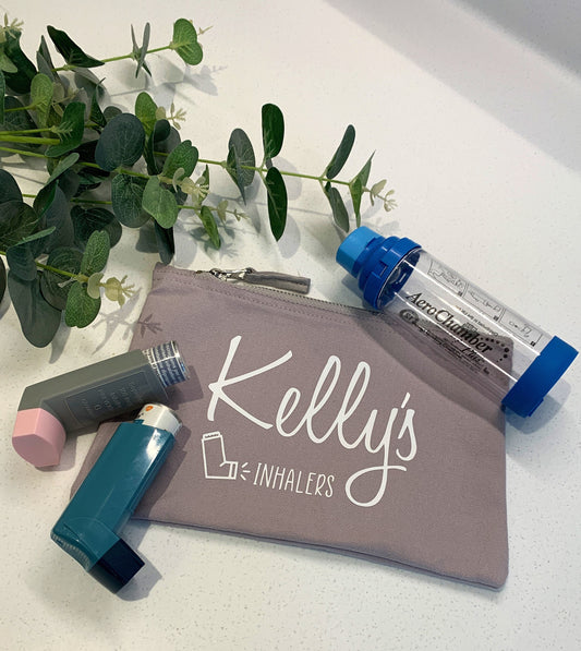 Personalised Grey Cotton Inhaler Bag Storage Medication Bag Epi Pen Diabetes Zip Pouch - Sew Shabby Chic