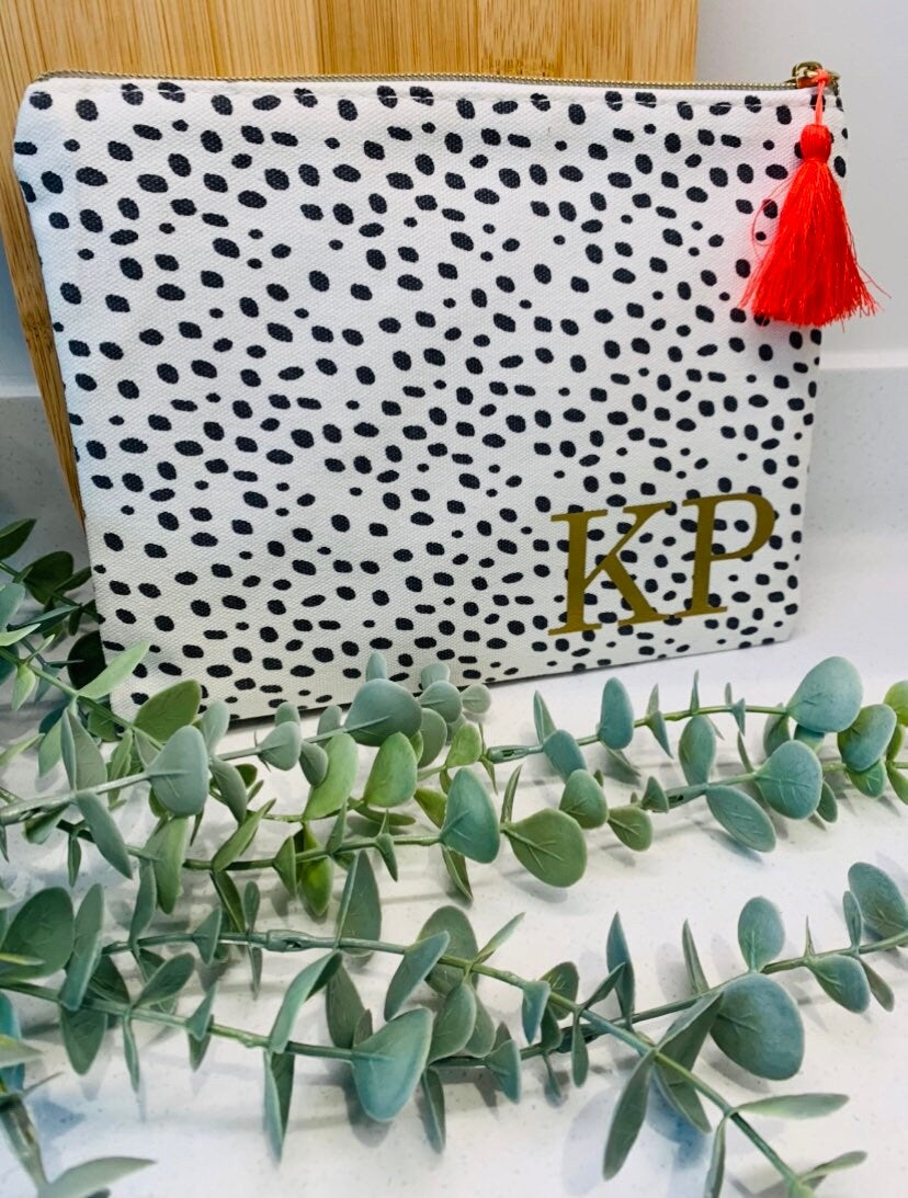 Personalised Monochrome Spotty Flat Cotton Make Up Bag Pencil Case Zip Pouch Teen Gift - Sew Shabby Chic
