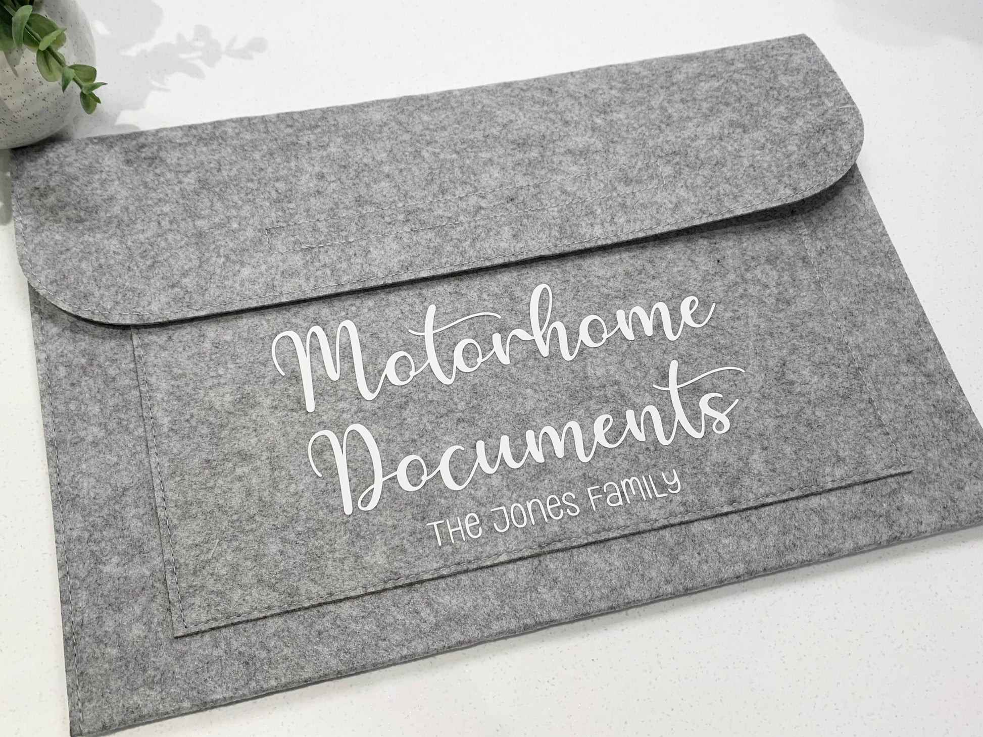 Grey Felt Caravan Motorhome Documents Wallet Personalised Gift Camping Laptop Maternity Pregnancy College Work Organisation - Sew Shabby Chic