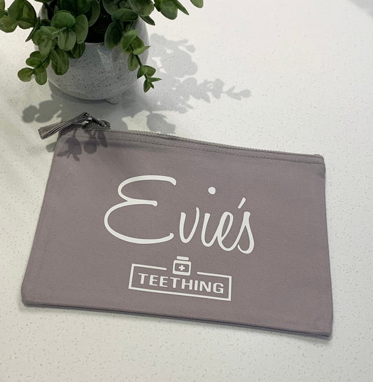 Personalised Grey Cotton Baby Teething Medication Bag Storage Toddler New Mum Beige Grey Black - Sew Shabby Chic