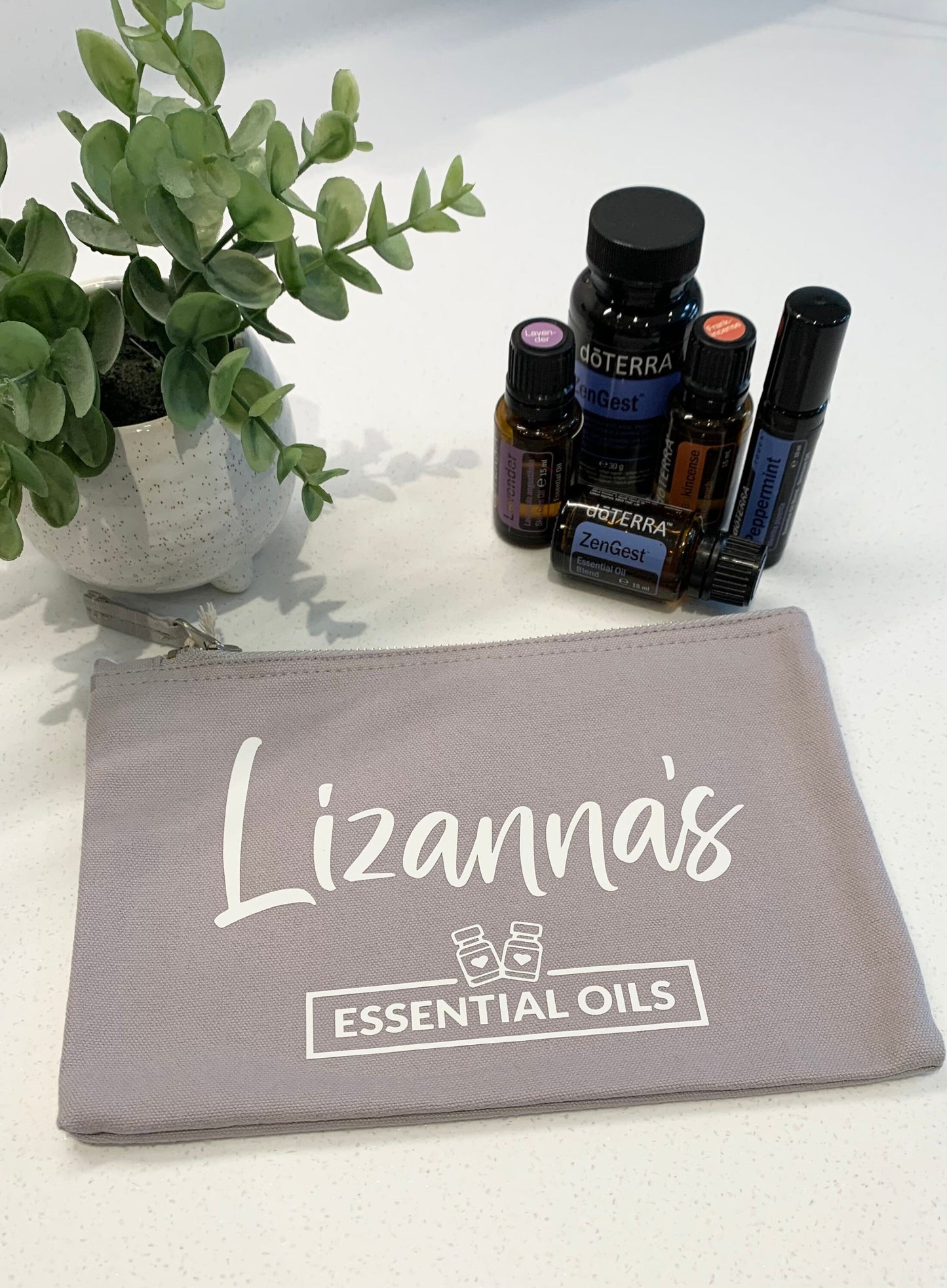 Personalised Grey Cotton Essential Oils Bag Storage Organisation Zip Pouch - Sew Shabby Chic