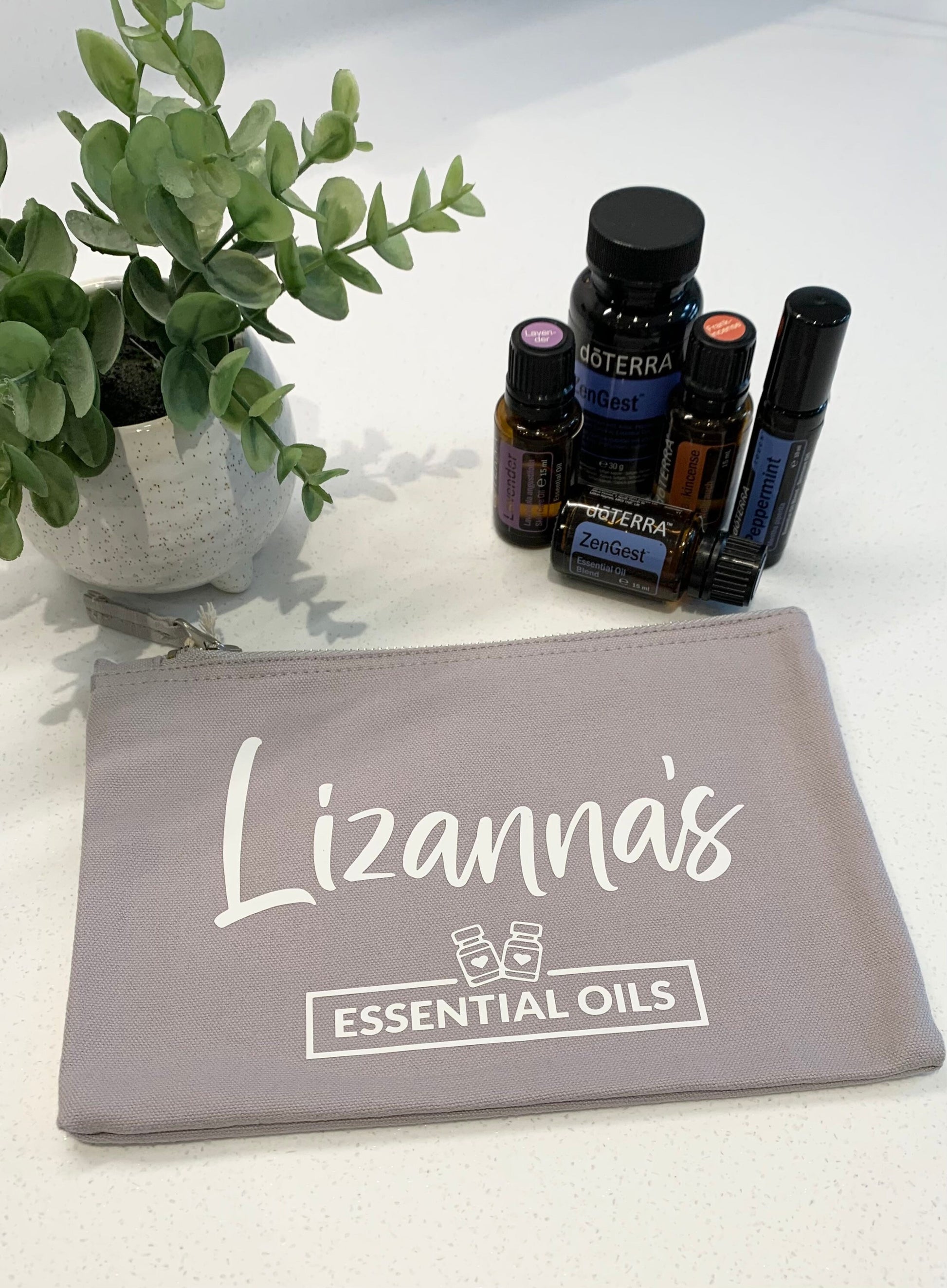 Personalised Grey Cotton Essential Oils Bag Storage Organisation Zip Pouch - Sew Shabby Chic