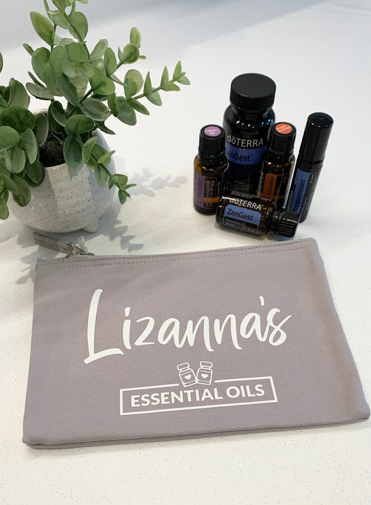 Personalised Grey Cotton Essential Oils Bag Storage Organisation Zip Pouch - Sew Shabby Chic