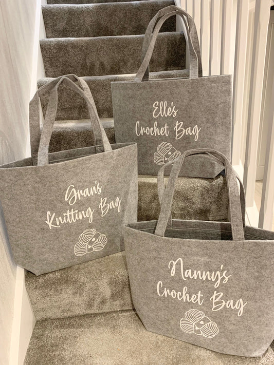 Grey Felt Crochet Bag Knitting Craft Bag and Slip Wallet Personalised Tote Bag Nanny Gift Mum Gift Gifts for her - Sew Shabby Chic
