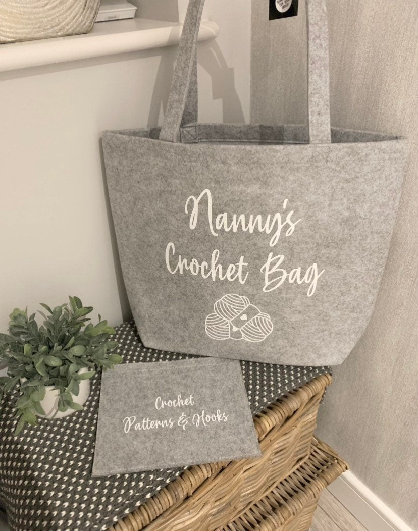 Grey Felt Crochet Bag Knitting Craft Bag and Slip Wallet Personalised Tote Bag Nanny Gift Mum Gift Gifts for her - Sew Shabby Chic