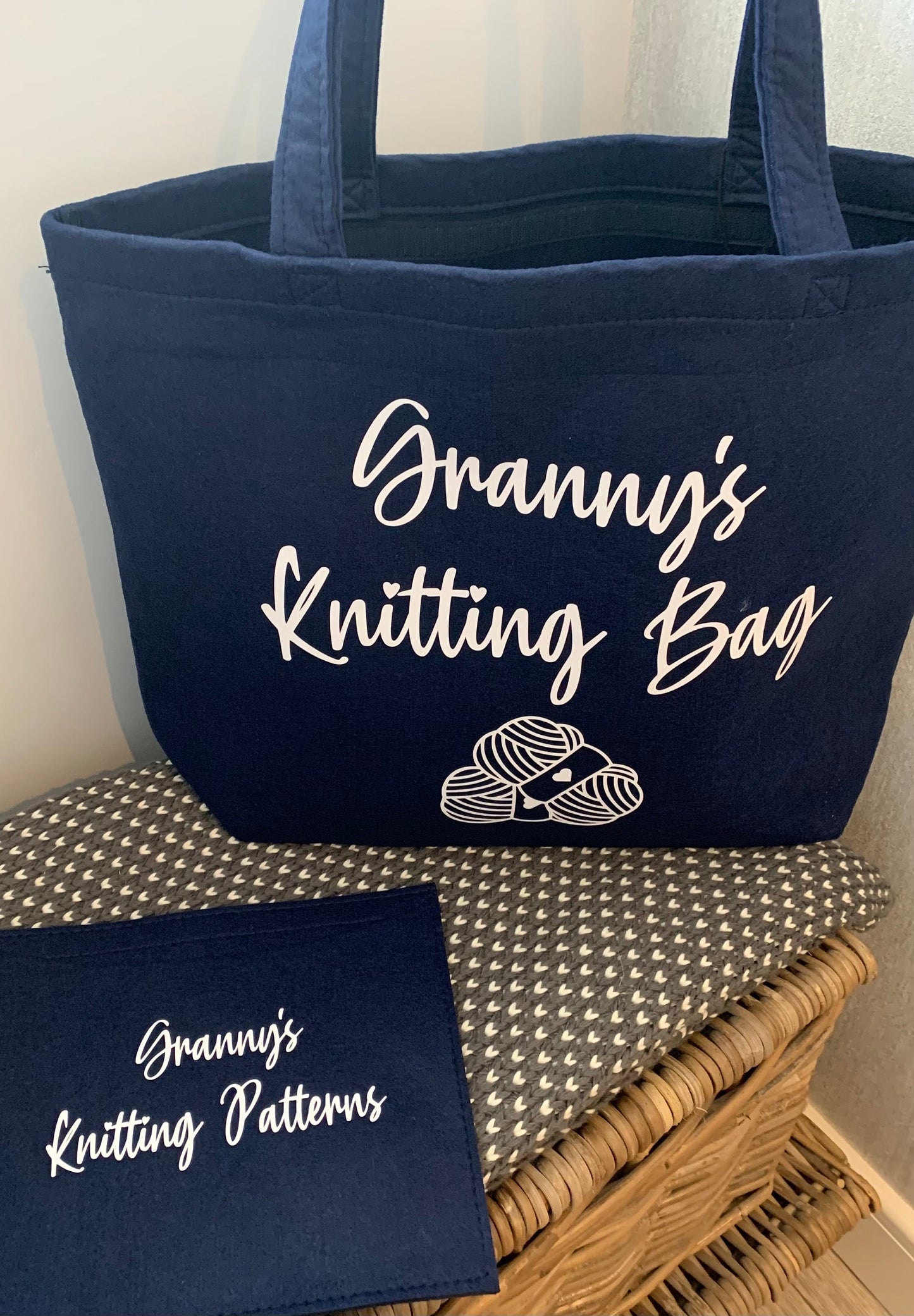Grey Felt Crochet Bag Knitting Craft Bag and Slip Wallet Personalised Tote Bag Nanny Gift Mum Gift Gifts for her - Sew Shabby Chic