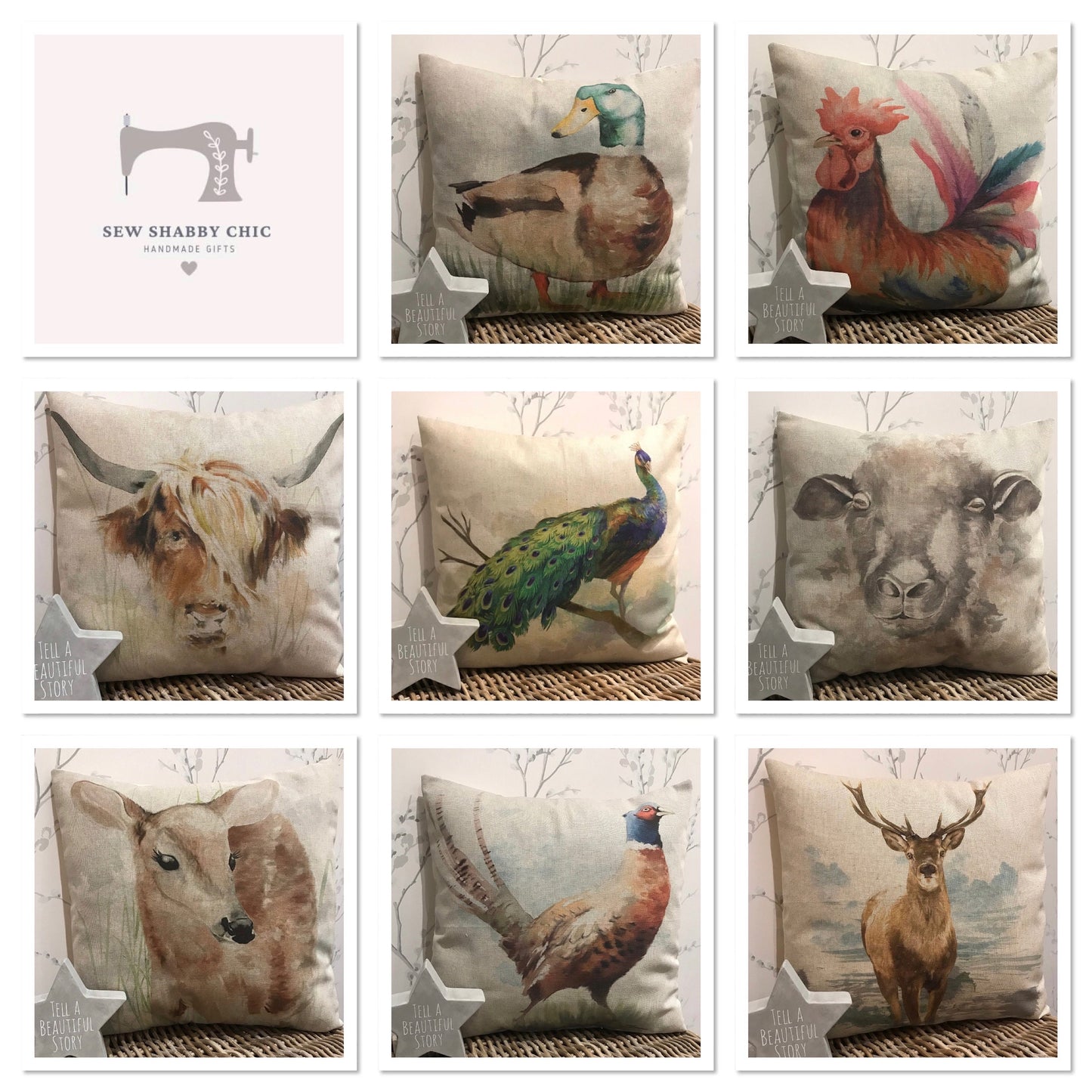 Chatham Glyn Handmade 16” Animals Farmyard Cushion Cover Several Designs Country Cottage Linen Look - Sew Shabby Chic