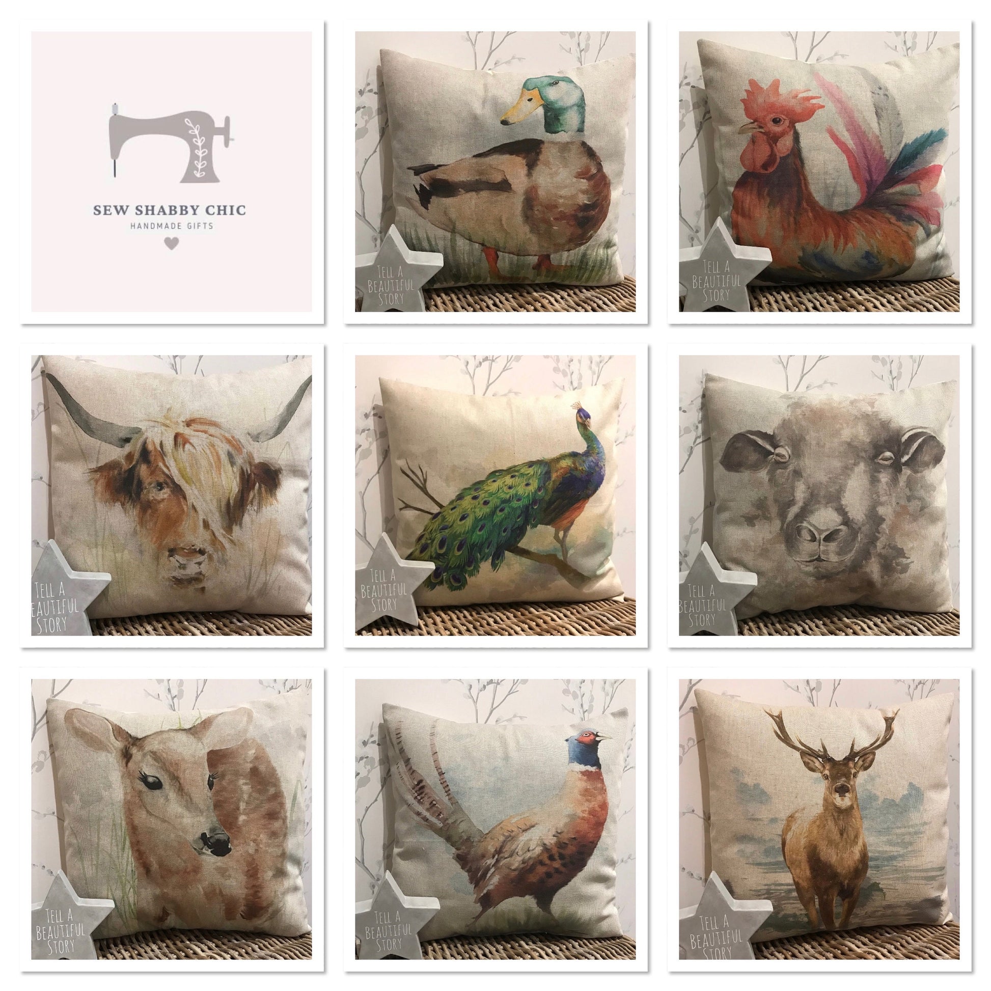 Chatham Glyn Handmade 16” Animals Farmyard Cushion Cover Several Designs Country Cottage Linen Look - Sew Shabby Chic