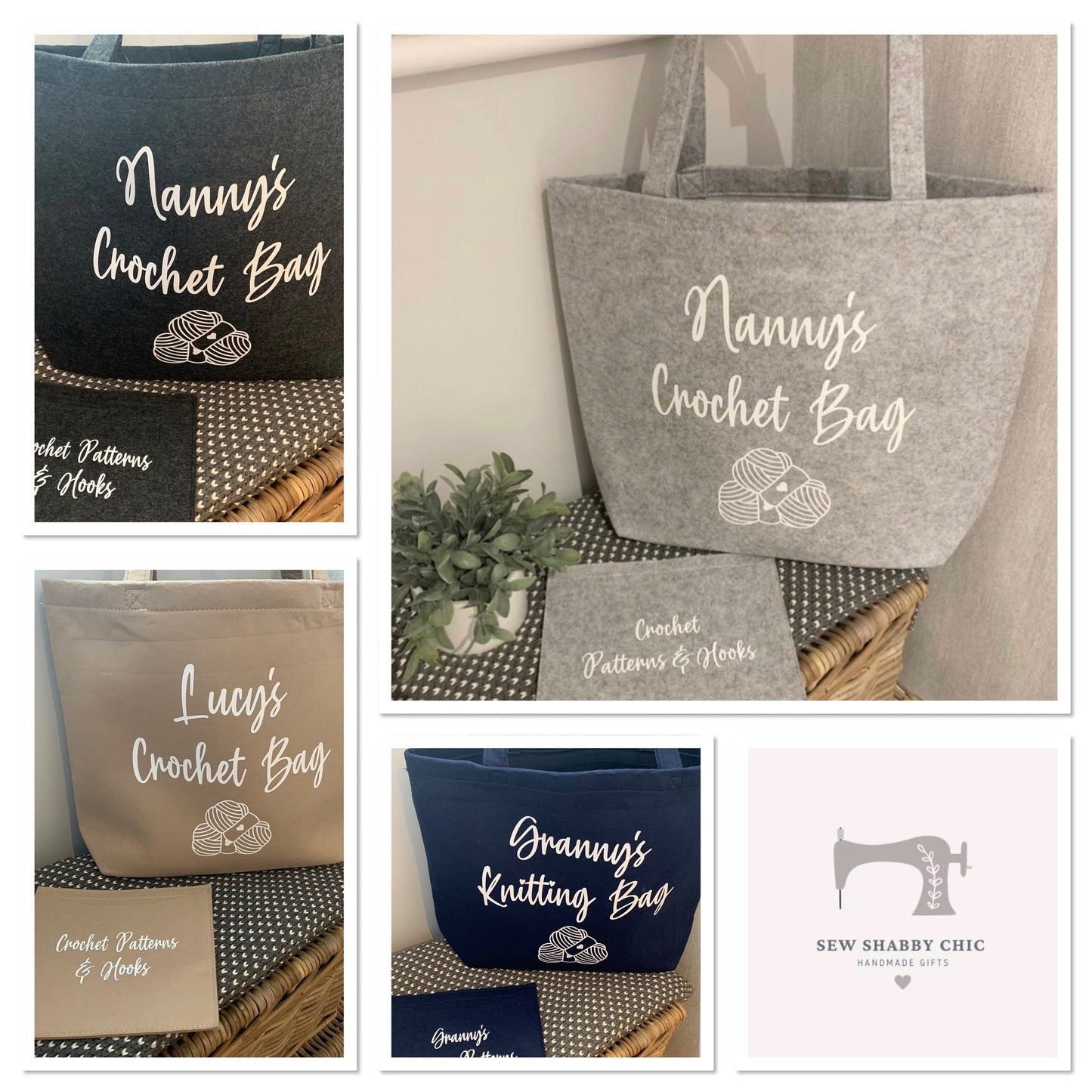 Grey Felt Crochet Bag Knitting Craft Bag and Slip Wallet Personalised Tote Bag Nanny Gift Mum Gift Gifts for her - Sew Shabby Chic