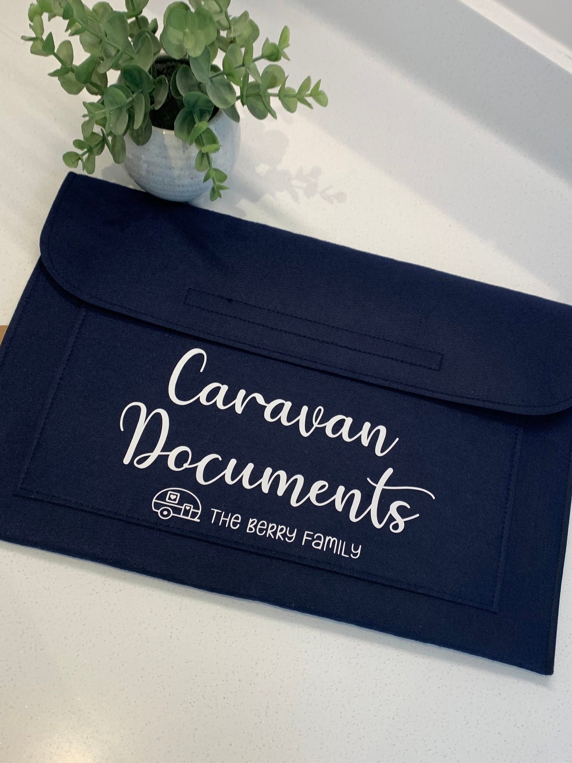 Grey Felt Caravan Motorhome Documents Wallet Personalised Gift Camping Laptop Maternity Pregnancy College Work Organisation - Sew Shabby Chic