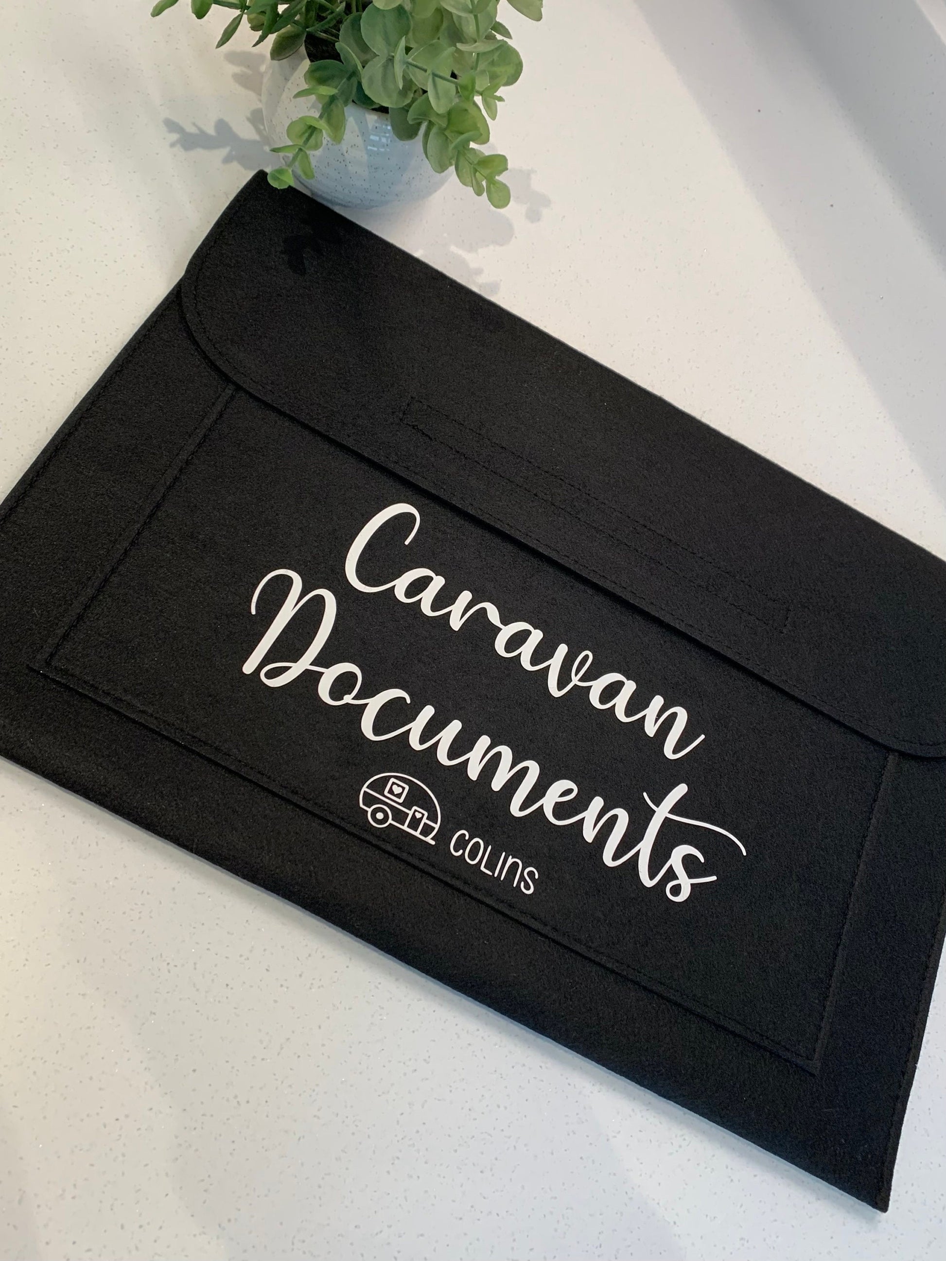 Grey Felt Caravan Motorhome Documents Wallet Personalised Gift Camping Laptop Maternity Pregnancy College Work Organisation - Sew Shabby Chic