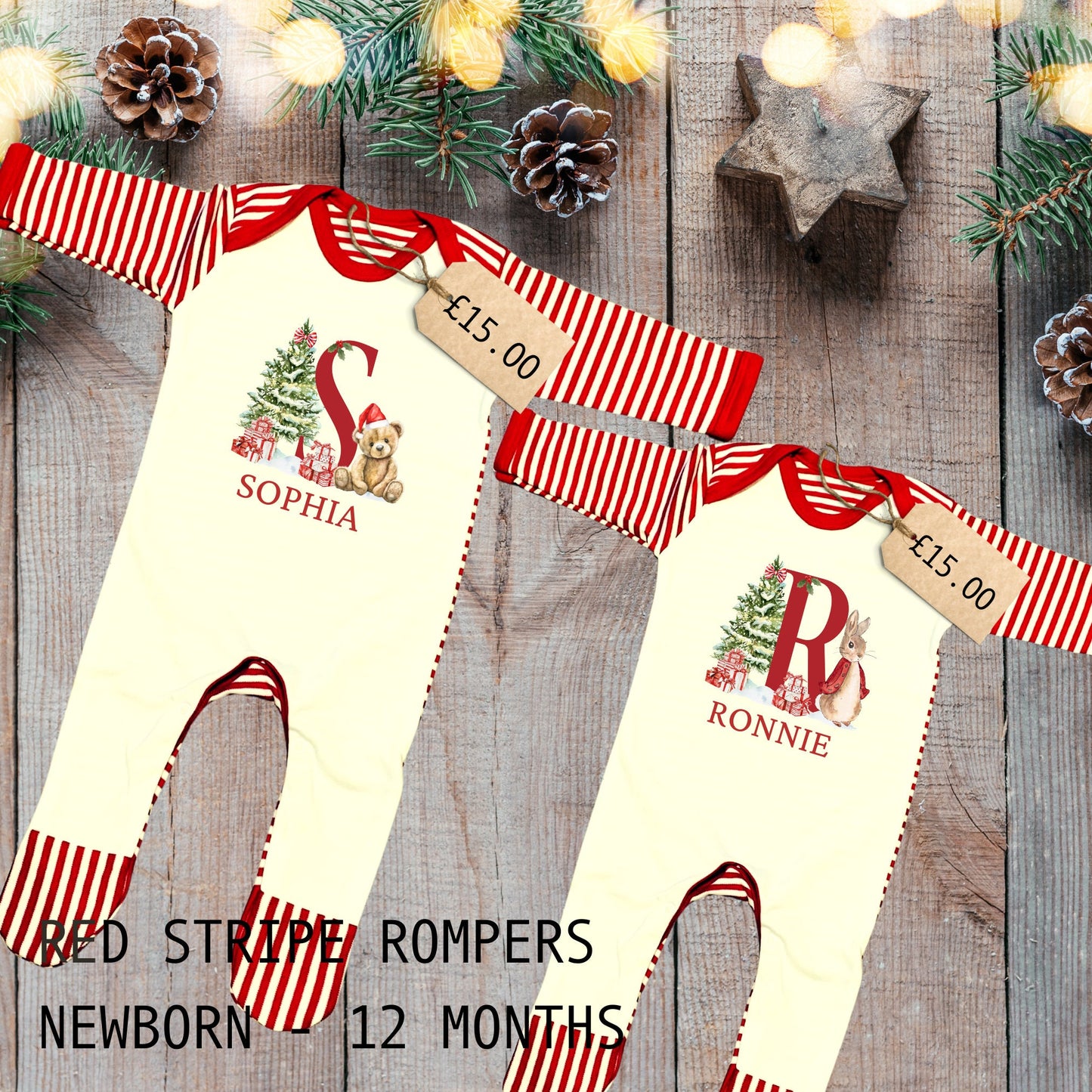 Red Stripe Bunny or Bear Initial Baby Romper Sleepsuit Bodysuit Vest - Baby Gift - Baby Shower - Personalised - Sew Shabby Chic
