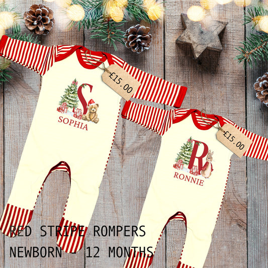 Red Stripe Bunny or Bear Initial Baby Romper Sleepsuit Bodysuit Vest - Baby Gift - Baby Shower - Personalised - Sew Shabby Chic