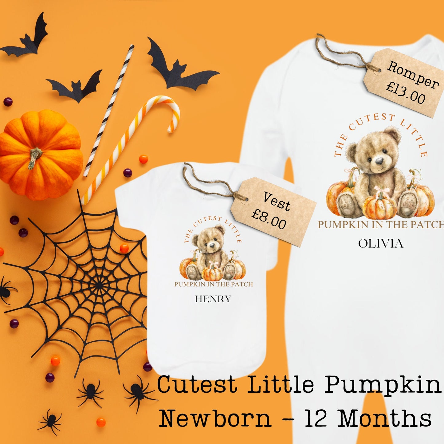 Cutest Pumkpin in the Patch Halloween Romper Sleepsuit Bodysuit Vest - Baby Gift - Baby Shower - Personalised - Sew Shabby Chic