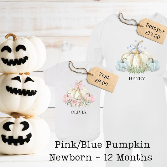 Halloween Pink or Blue Pumpkin Baby Romper Sleepsuit Bodysuit Vest - Baby Gift - Baby Shower - Personalised - Sew Shabby Chic