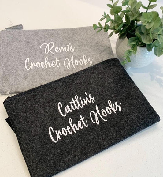 Grey Felt Crochet Hooks Craft Wallet Pouch Personalised - Sew Shabby Chic