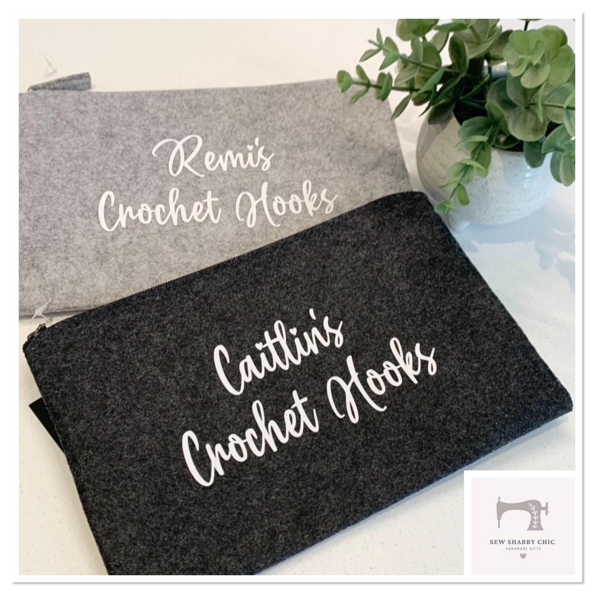 Grey Felt Crochet Hooks Craft Wallet Pouch Personalised - Sew Shabby Chic
