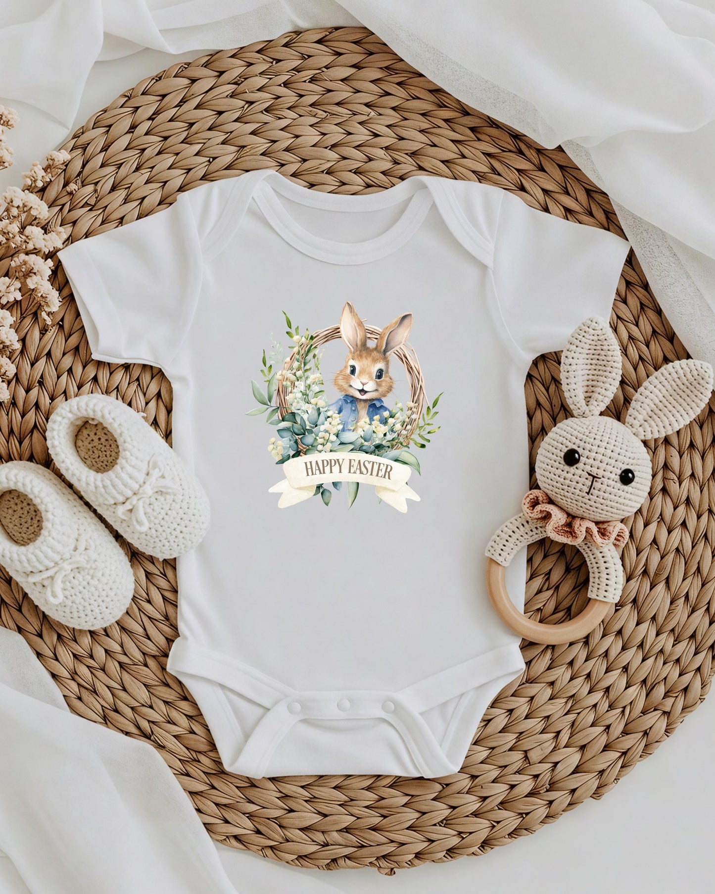 Easter Wreath Romper Sleepsuit Bodysuit Vest - Baby Gift - Mothers Day - Personalised Pink or Blue - Sew Shabby Chic