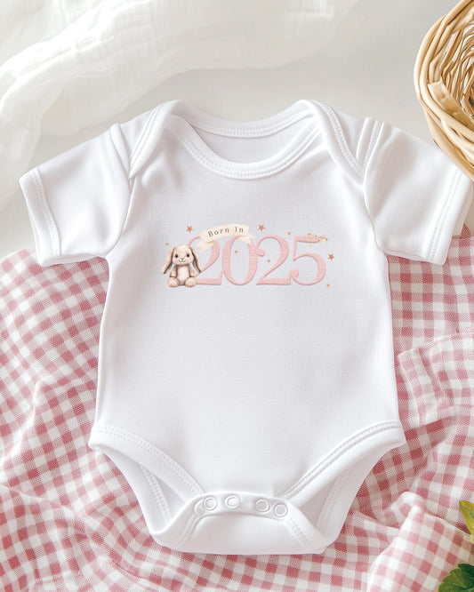 Bunny Girl or Boy Born in 2025 Romper Sleepsuit Bodysuit Vest - Baby Gift - New Baby - Baby Shower - Gender Reveal - Sew Shabby Chic