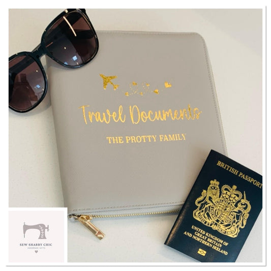 Faux Leather Family Travel Documents Organiser Zip Wallet Pouch Holiday Essentials Personalised - Sew Shabby Chic