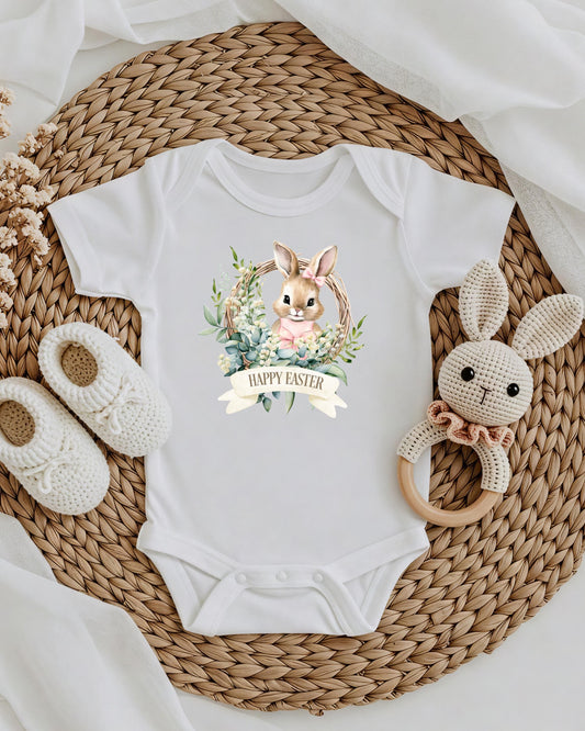 Easter Wreath Romper Sleepsuit Bodysuit Vest - Baby Gift - Mothers Day - Personalised Pink or Blue - Sew Shabby Chic