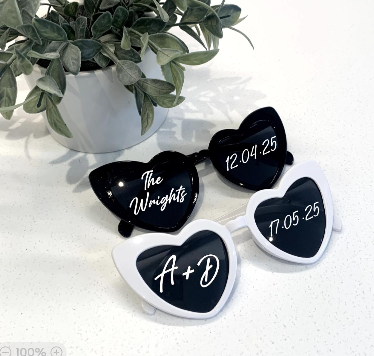 Custom Personalised WEDDING Heart Sunglasses Black or White - Sew Shabby Chic