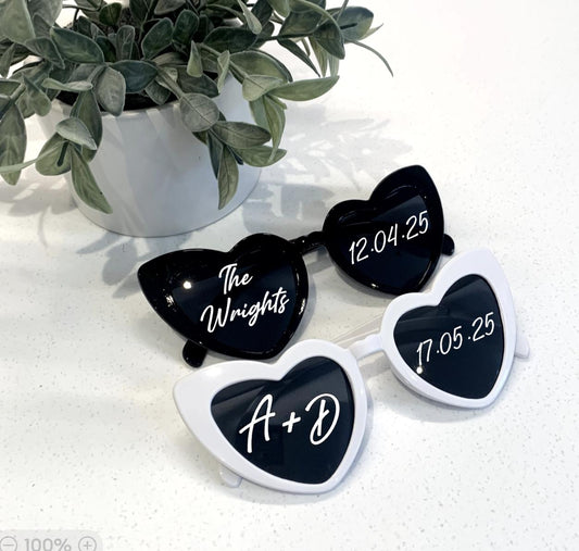 Custom Personalised WEDDING Heart Sunglasses Black or White - Sew Shabby Chic