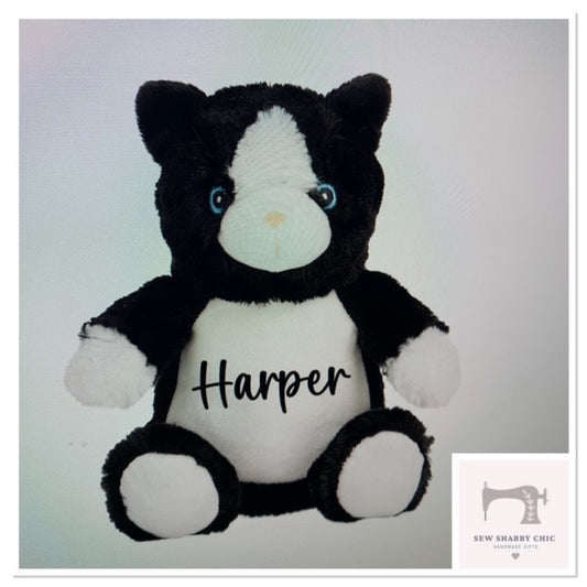 Mumbles Personalised Soft Cuddly Animal Black & White Cat Character - Sew Shabby Chic