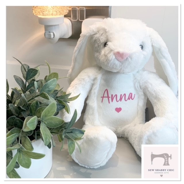 Mumbles Personalised Soft Cuddly Animal White Rabbit Character - Sew Shabby Chic