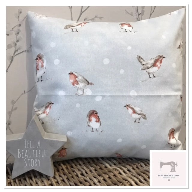 Christmas Robins Duck Egg Blue Handmade 16" Cushion Cover - Sew Shabby Chic