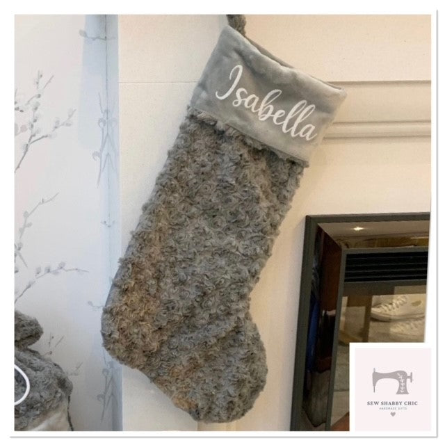 Luxury Plush Grey Personalised Christmas Stocking and Sack Soft Swirl Furry Fabric - Sew Shabby Chic