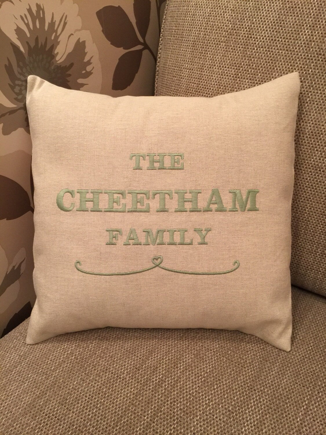 Natural Fabric Embroidered 16" Family Cushion Cover Wedding Gift Birthday - Sew Shabby Chic
