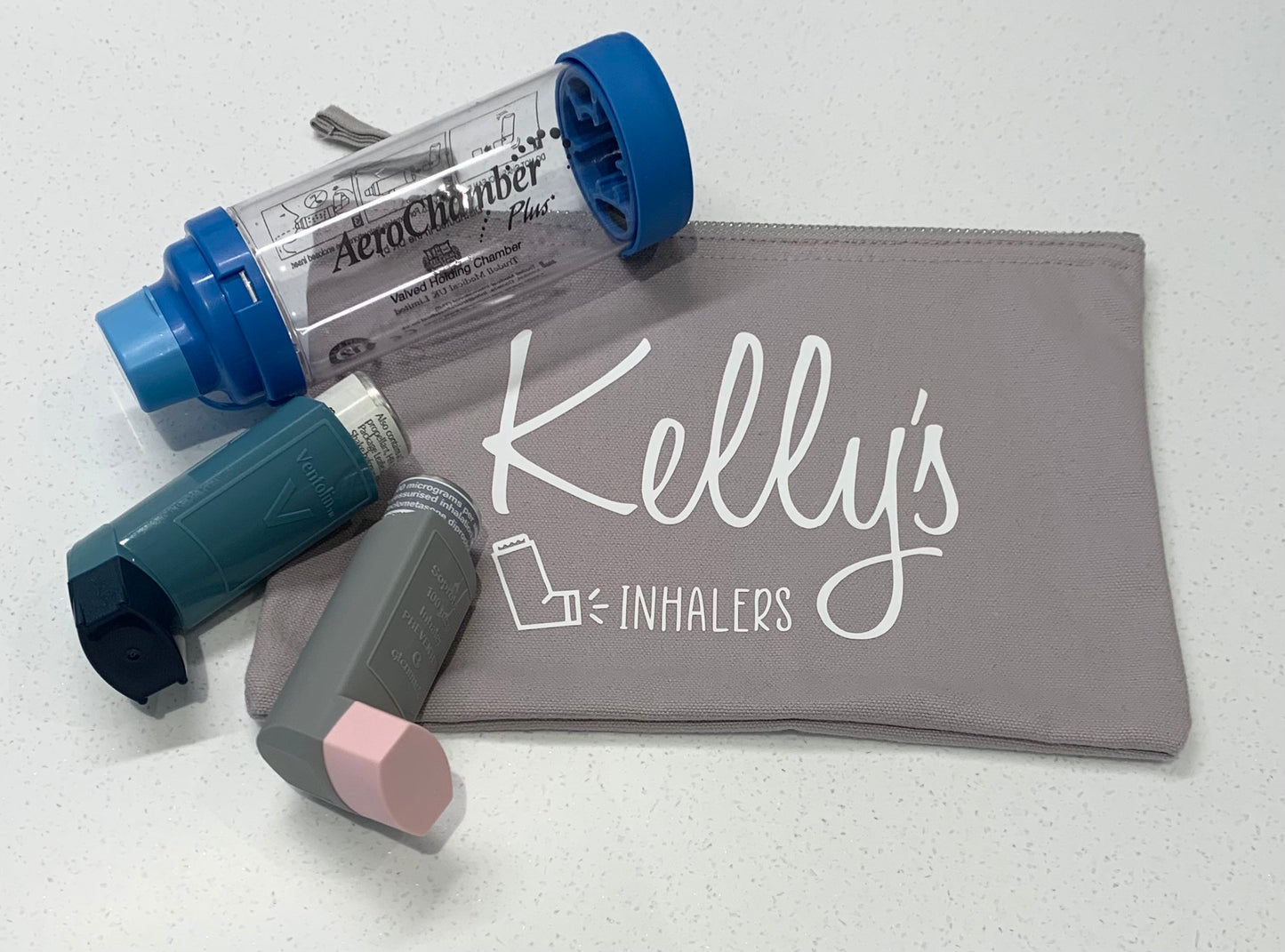 Personalised Grey Cotton Inhaler Bag Storage Medication Bag Epi Pen Diabetes Zip Pouch - Sew Shabby Chic