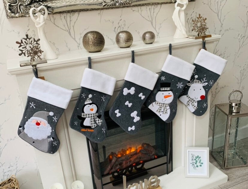 Dark Grey Charcoal Felt Personalised Christmas Character Stocking Tradional Modern Kids Family Dog Stocking - Sew Shabby Chic
