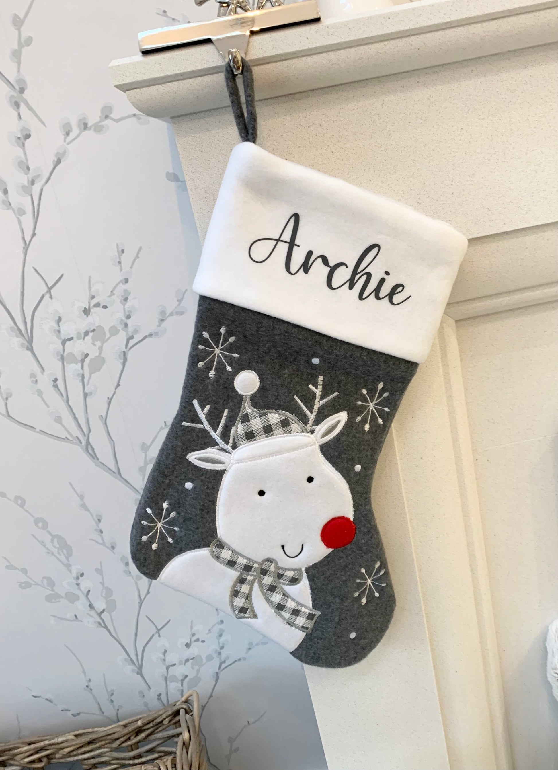Dark Grey Charcoal Felt Personalised Christmas Character Stocking Tradional Modern Kids Family Dog Stocking - Sew Shabby Chic