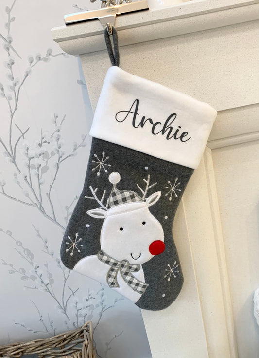Dark Grey Charcoal Felt Personalised Christmas Character Stocking Tradional Modern Kids Family Dog Stocking - Sew Shabby Chic