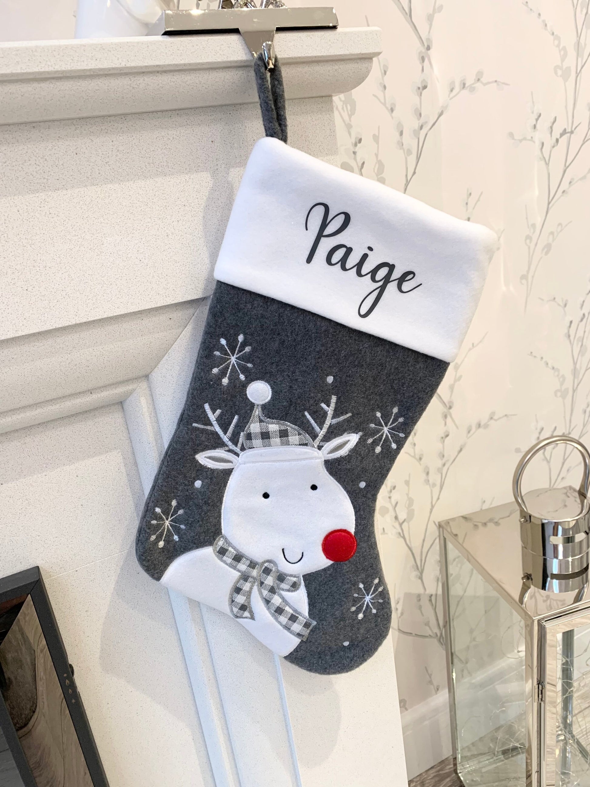 Dark Grey Charcoal Felt Personalised Christmas Character Stocking Tradional Modern Kids Family Dog Stocking - Sew Shabby Chic