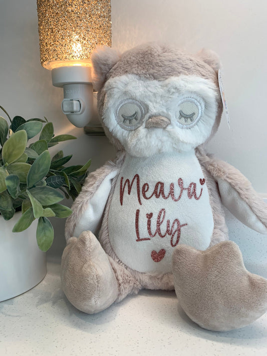 Personalised Sleepy Owl Soft Toy, Easter Gift, New Baby Gift, Plushie, Easter Present, Baby Shower, First Birthday - Sew Shabby Chic