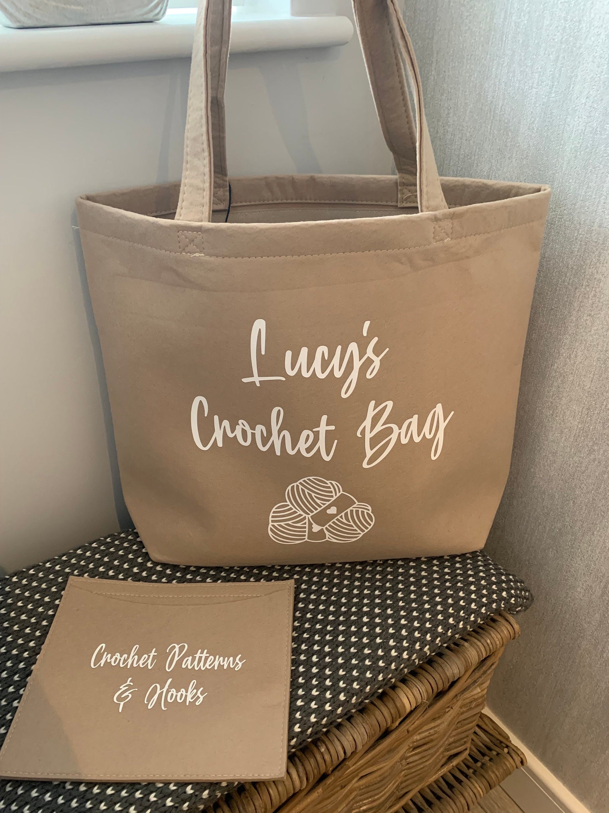 Grey Felt Crochet Bag Knitting Craft Bag and Slip Wallet Personalised Tote Bag Nanny Gift Mum Gift Gifts for her - Sew Shabby Chic